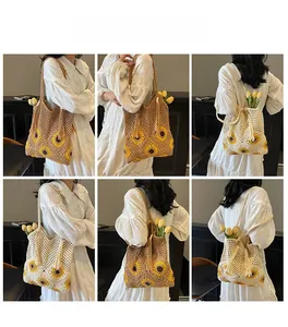 Detailed views of handmade sunflower straw tote bag with tassels in khaki and cream