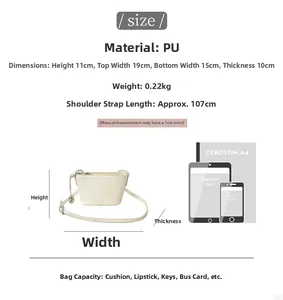 Size chart showing PU leather mini bucket bag dimensions compared to an iPhone and iPad