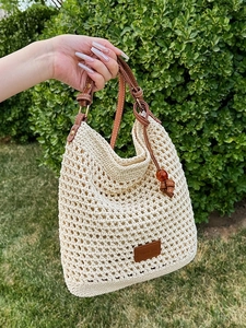 Women Woven Straw Tote Bag Summer Hollow Out Crochet Beach Bag With Leather Strap Shoulder Underarm Vacation Handbag