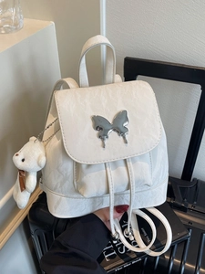 Women Fashion Mini Backpack Wrinkled PU Leather School Bag Butterfly Metal Buckle Drawstring Bag With Plush Bear Keychain