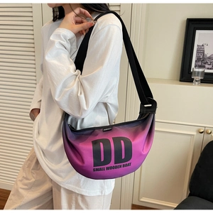 Detail of trendy nylon dumpling bag with purple gradient design and logo on model