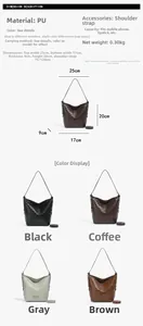 Detailed view of woven PU leather bucket bag with dimensions and dual shoulder strap options
