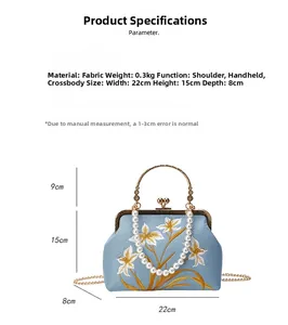 Detail of blue embroidery handbag featuring a white orchid pattern and large pearl handle