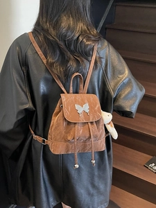 Brown vintage PU leather backpack with silver butterfly buckle and cute bear pendant
