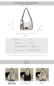 Detailed size chart and multi-color options for tweed hobo bag with plush pendant