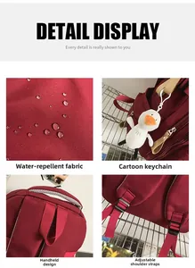 Close-up of waterproof burgundy backpack fabric with a cute white duck pendant