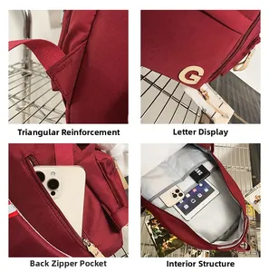 Detail view of burgundy backpack with reinforced straps and anti-theft back pocket