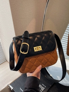 Retro quilted crossbody bag in brown suede and black leather with gold metal twist lock