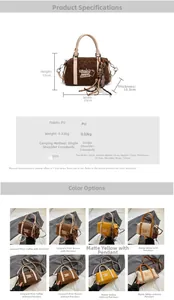 Size chart and details of retro Boston bag with PU material and embroidery designs