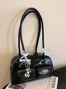 Women Retro Patent Leather Bowling Bag Large Capacity Underarm Shoulder Bag With Heart Charms Ribbon Bow Commuter Handbag