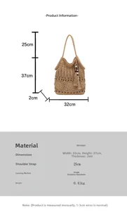 Size chart showing 32x37x2cm dimensions for the woven hollow-out tassel tote bag