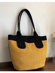 Simple PU Artificial Suede Tote Bag Women Minimalist Large Capacity Commuter Shoulder Bag Retro Contrast Color Patchwork Handbag