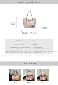 Detailed size chart and specifications for the plaid tote bag showing PU material data