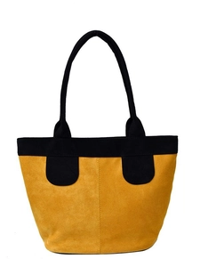 Minimalist bicolor yellow suede tote bag with black fabric handles and trim for women