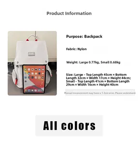 Size chart for canvas travel backpack showing dimensions, weight, and nylon fabric details