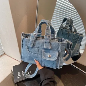 Vintage Washed Denim Crossbody Tote Bag For Women Y2K Fashion Small Denim Handbag With Multi Pockets And Adjustable Strap