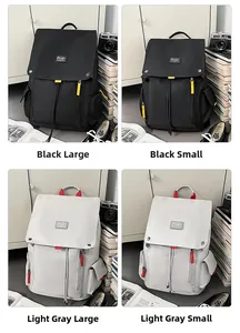 Detailed comparison of canvas backpacks in black and light grey with size options