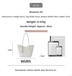 Size chart for white woven PU tote bag showing dimensions and large capacity compared to A4