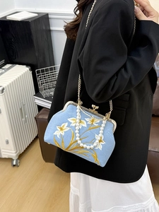 Light blue vintage Cheongsam handbag with lily embroidery and pearl handle and chain