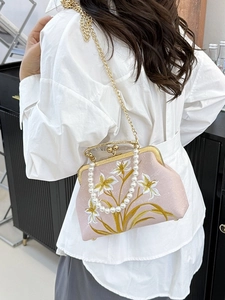 Pink Chinese vintage embroidery crossbody bag with pearl handle and floral pattern