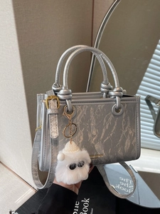 Women Fashion PU Leather Crossbody Bag Small Square Handbag With Knot Handle And White Plush Monster Charm Tote Bag