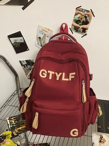 Large capacity burgundy school backpack with GTYLF letter print for students and travel