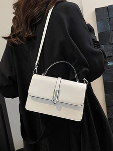 Cream white rectangular handbag for women with silver buckle and elegant top handle strap