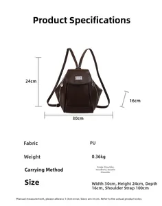 Detailed view of dark brown PU backpack with 30x24x16cm dimensions and versatile straps