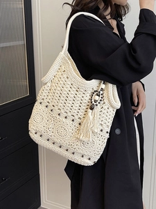Handmade crochet woven tote bag with fringe and beads for women's summer boho casual style
