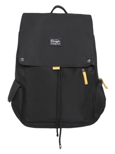 Large black canvas travel backpack with yellow zipper details and top flap closure