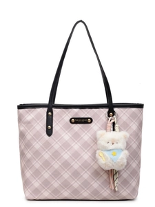 Pink and white checkered tote bag with black handles and a cute plush bear pendant