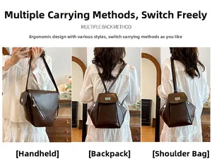 Brown leather backpack showing versatile carrying modes for shoulder and handheld use
