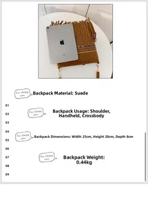 Brown suede crossbody bag with fringe details shown in size comparison to a tablet