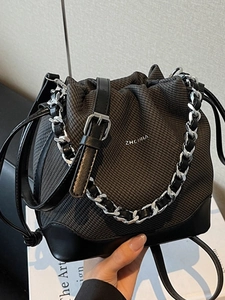 Women Fashion Color Block Bucket Bag Canvas Synthetic Leather Splicing Drawstring Crossbody Bag With Silver Chain Strap Small Handbag