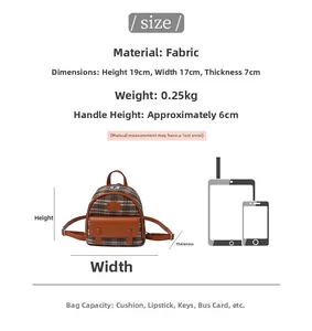 Size chart showing mini backpack dimensions of 19cm height and 17cm width with mobile reference