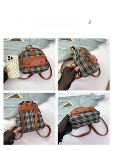 Detailed views of mini plaid backpack with leather trim and front pocket shown next to phone