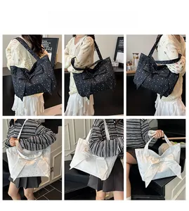 Detailed views of women wearing black and white bow tote bags in various poses