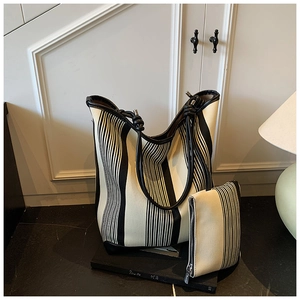 Detail view of large striped canvas tote bag and matching zipper pouch set with leather straps