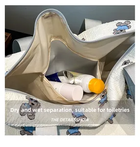 Detail of the dry-wet separation interior with transparent waterproof layer in travel bag
