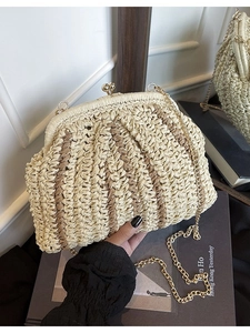 Borsa a Tracolla in Paglia Intrecciata Retrò da Donna Con Catena in Metallo Borsa a Spalla da Spiaggia Estiva Pochette da Vacanza