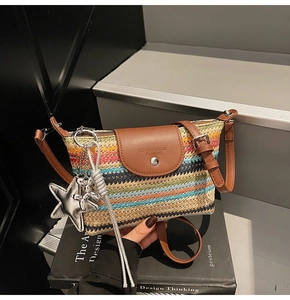 Details einer regenbogenfarbenen Strohtasche mit Lederklappe und Stern-Anhänger