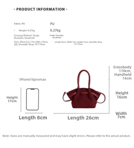 Size comparison of burgundy bucket bag and iPhone showing dimensions and 0.27kg weight