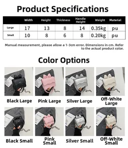 Size chart showing dimensions and colors for women's crossbody bags in two distinct sizes