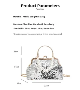 Detail showing dimensions of retro floral shell bag with pearl handle and metal chain