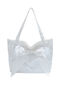 White canvas tote bag with large bow and silver star patterns, double shoulder straps