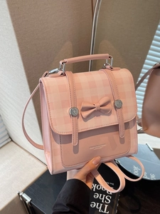 Women Mini Backpack Bow Knot Gingham Checkered PU Leather Handbag Sweet Fashion Small School Bag Versatile Teen Girls Daypack