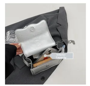 Internal capacity of mini silver chain bag showing space for phone and quilted wallet
