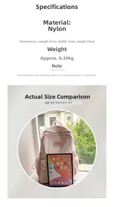 Detailed size specifications of pink nylon backpack shown with iPad for scale