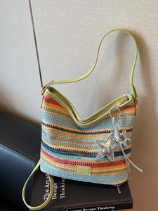 Bolso de Cubo de Paja Tejido de Rayas Multicolores Bohemia para Mujer Vacaciones Verano Playa Bolso de Bandolera Con Estrella