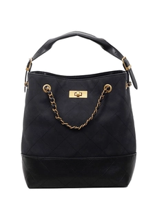 Quilted black bucket bag with gold chain strap and turn-lock on white background
